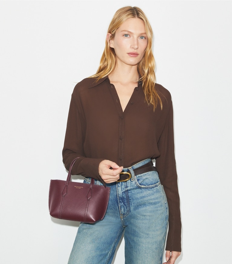 Tory Burch designer crossbody bags Mini Perry Tote in Beetle Berry angle