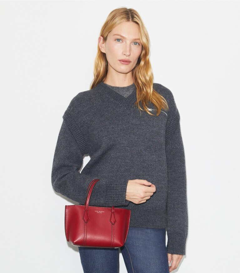 Tory Burch designer crossbody bags Mini Perry Tote in Bartlett Red additional on model