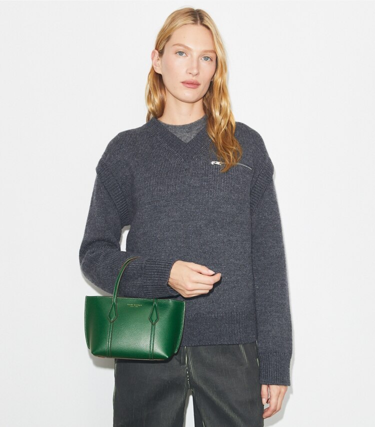 Tory Burch designer crossbody bags Mini Perry Tote in Dark Kale additional on model