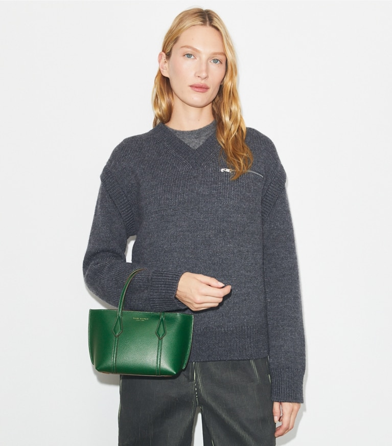 Tory Burch designer crossbody bags Mini Perry Tote in Dark Kale angle