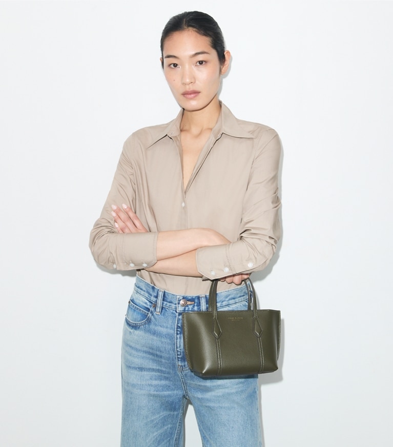 Tory Burch designer crossbody bags Mini Perry Tote in Dark Olive additional on model