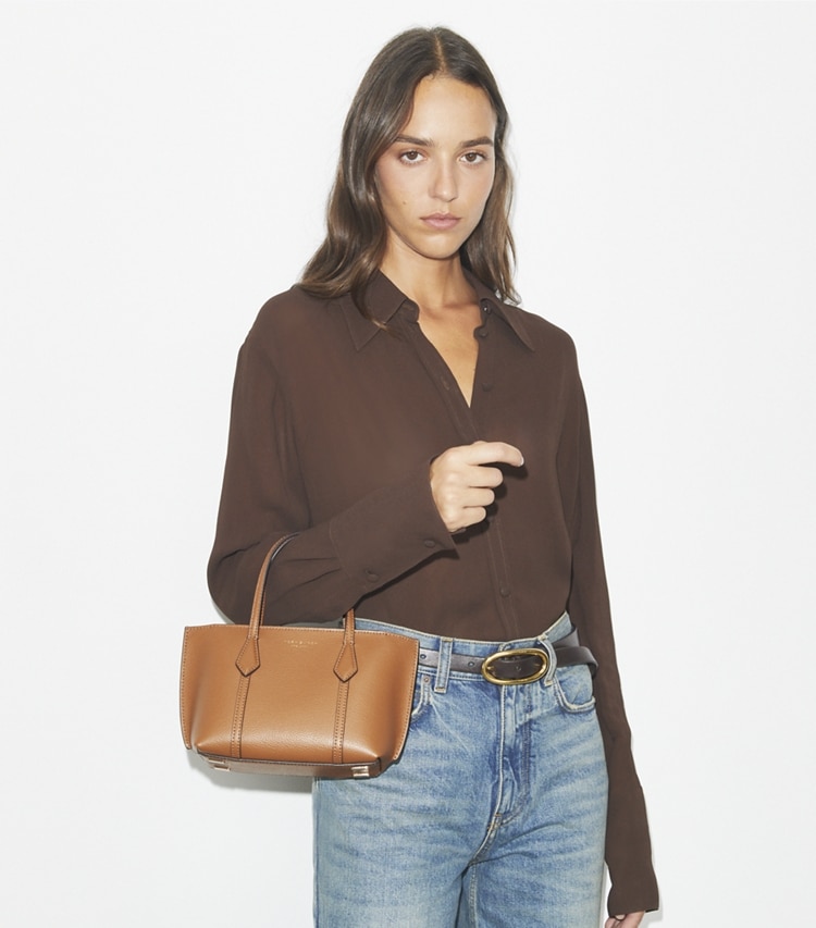 Tory Burch designer crossbody bags Mini Perry Tote in Autumn Brown additional on model