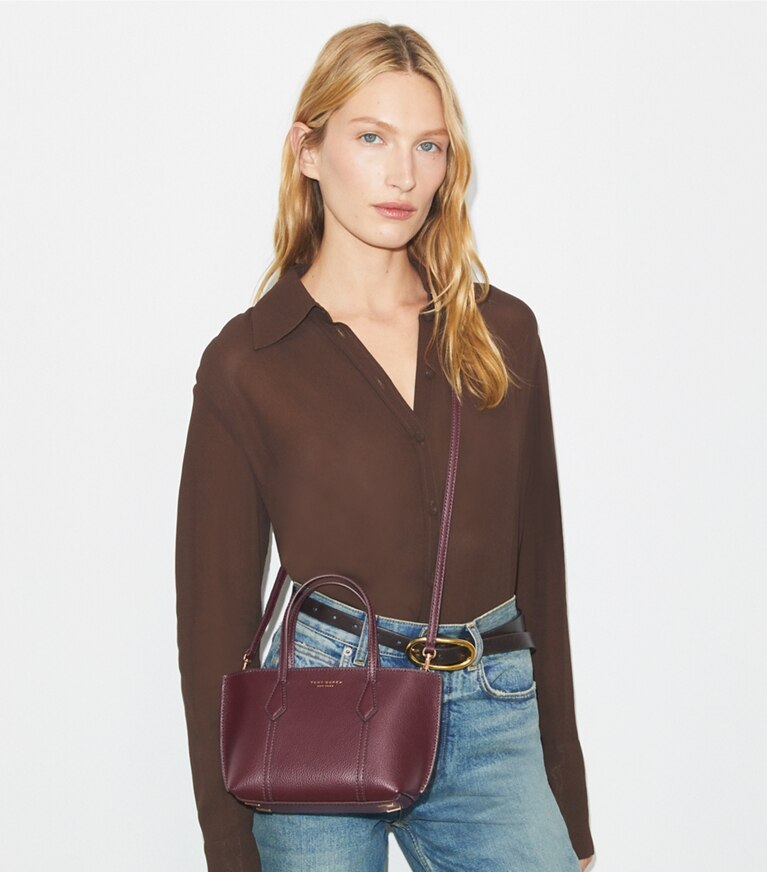 Tory Burch designer crossbody bags Mini Perry Tote Bag in Beetle Berry angle