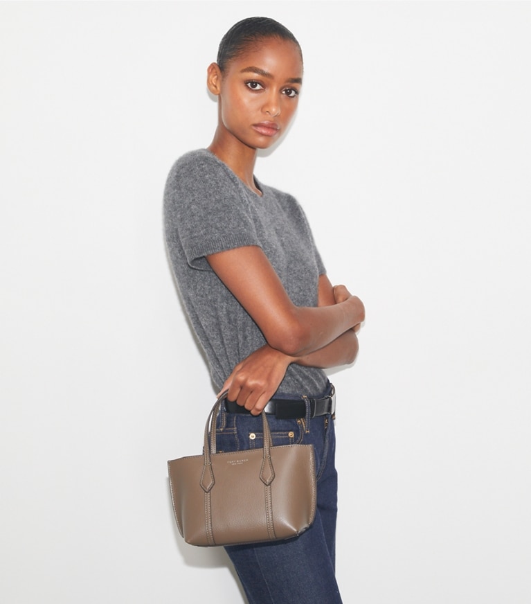 Tory Burch designer crossbody bags Mini Perry Tote Bag in Wild Mushroom additional on model