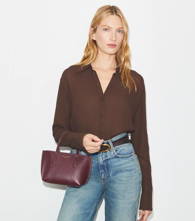 Tory Burch designer crossbody bags Mini Perry Tote Bag in Beetle Berry angle