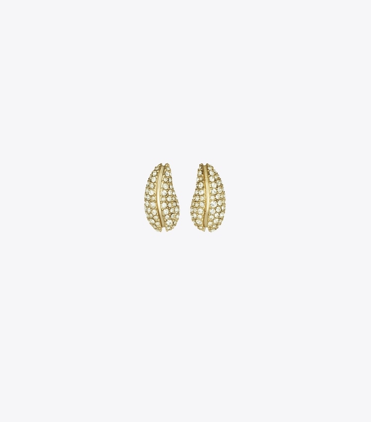 Tory Burch designer earrings Mini Pierced Pavé Earrings in Light Brass / Crystal front