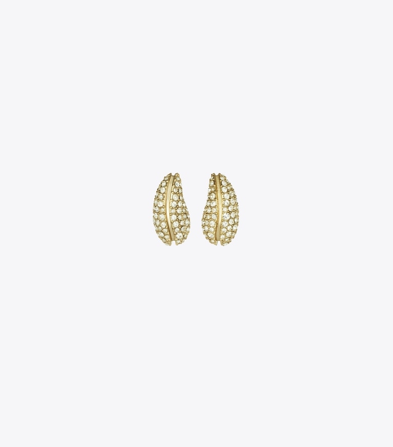 Tory Burch designer earrings Mini Pierced Pavé Earrings in Light Brass / Crystal front