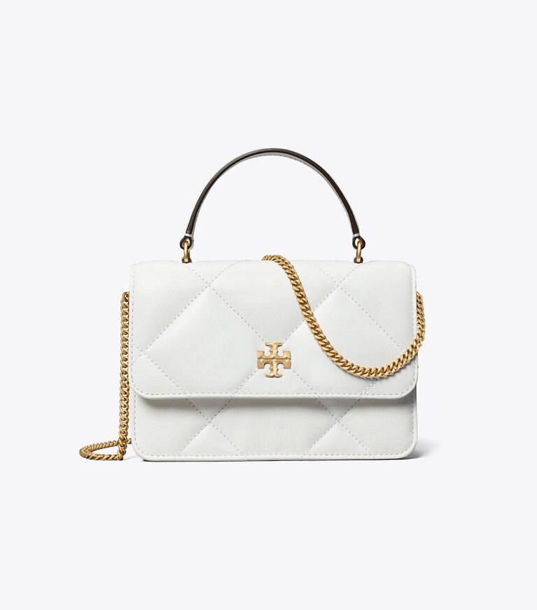 Tory Burch designer mini bags Mini portafoglio con catena e manico superiore Kira con trapuntatura a trapezio in Cirrus Cloud angle
