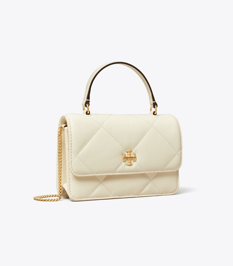 Tory Burch designer mini sacs Mini portefeuille chaîne et anse Kira à matelassage losange in Warm White angle