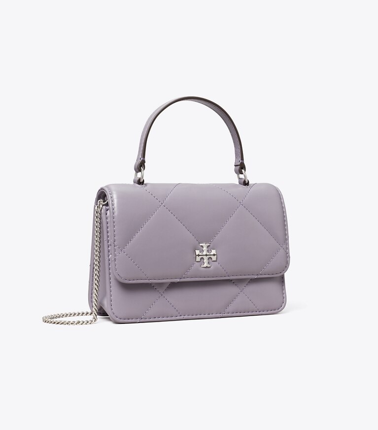 Tory Burch designer mini sacs Mini portefeuille chaîne et anse Kira à matelassage losange in Lavender angle