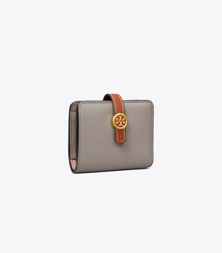 Tory Burch designer portefeuilles Mini portefeuille Robinson in Gray Heron angle