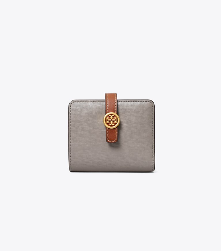 Tory Burch designer portefeuilles Mini portefeuille Robinson in Gray Heron angle