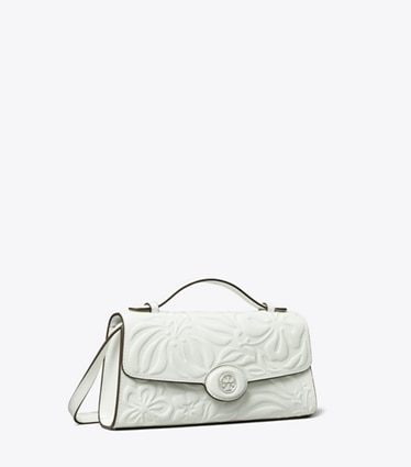 Tory Burch designer mini bags Mini Robinson Floral Embossed Crossbody in Blanc angle