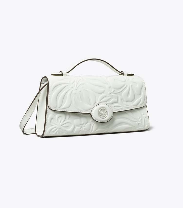 Tory Burch designer mini bags Mini Robinson Floral Embossed Crossbody in Blanc angle