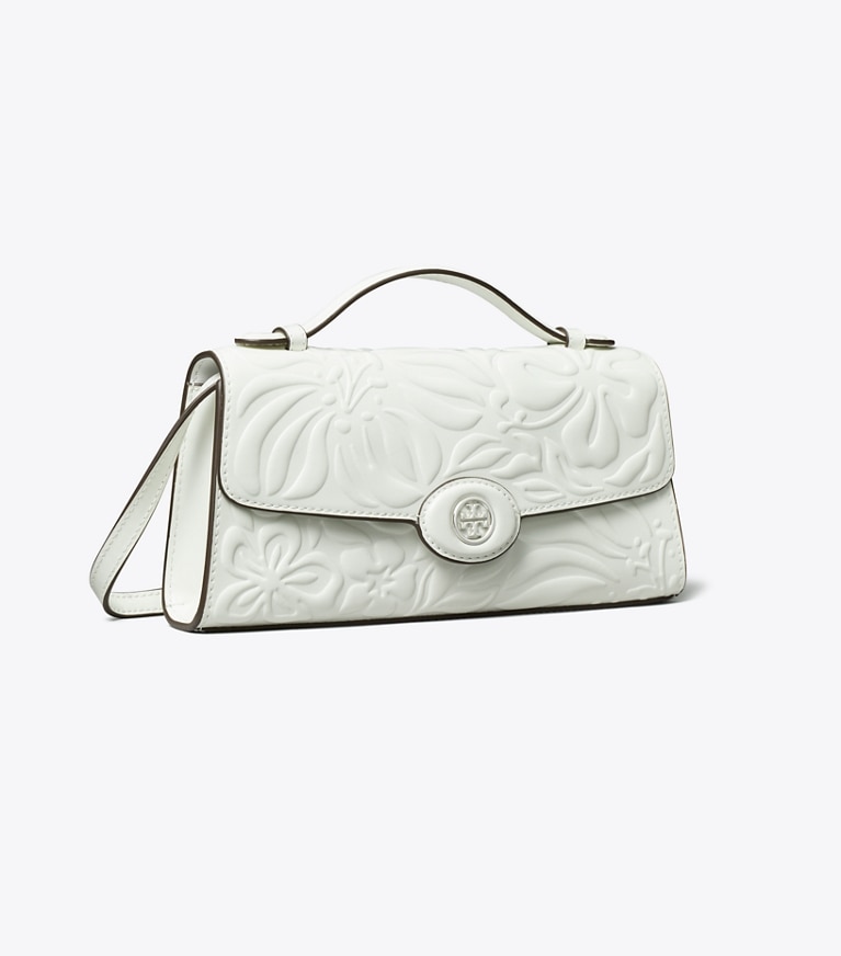 Tory Burch designer mini bags Mini Robinson Floral Embossed Crossbody in Blanc angle