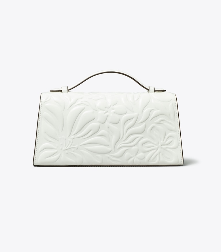 Tory Burch designer mini bags Mini Robinson Floral Embossed Crossbody in Blanc angle