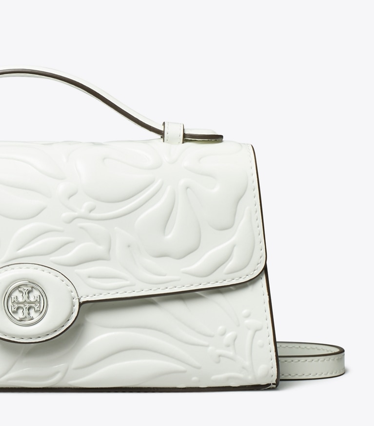 Tory Burch designer mini bags Mini Robinson Floral Embossed Crossbody in Blanc angle