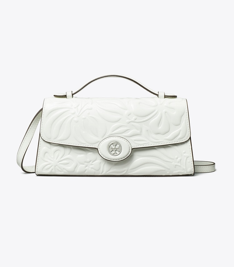 Tory Burch designer mini bags Mini Robinson Floral Embossed Crossbody in Blanc front