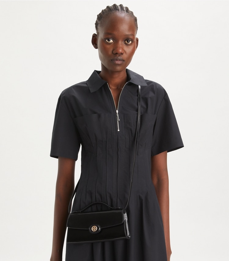 Tory Burch designer mini bags Mini Robinson Spazzolato Crossbody in Black accessory on model
