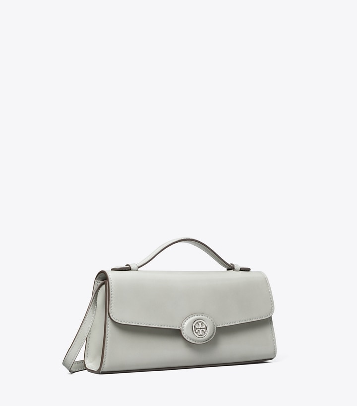 Tory Burch designer crossbody bags Mini Robinson Spazzolato Crossbody in Light Granite angle