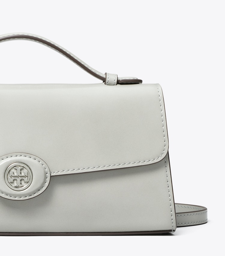 Tory Burch designer mini bags Mini Robinson Spazzolato Crossbody in Light Granite detail