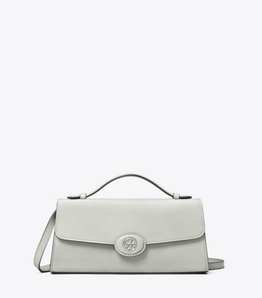 Tory Burch designer mini bags Mini Robinson Spazzolato Crossbody in Light Granite front
