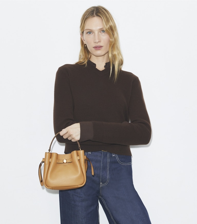 Tory Burch designer crossbody bags Mini Romy Bucket Bag in Tiramisu angle