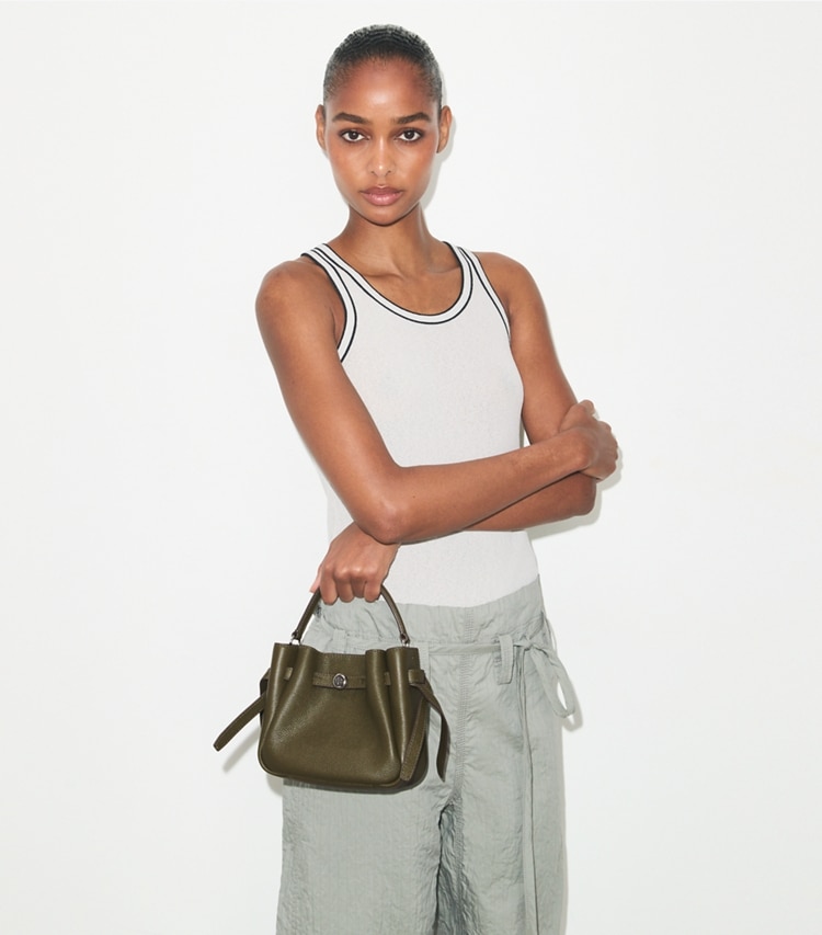 Tory Burch designer crossbody bags Mini Romy Bucket Bag in Dark Olive additional on model