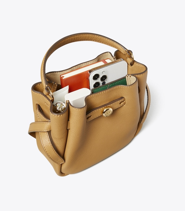 Tory Burch designer crossbody bags Mini Romy Bucket Bag in Tiramisu angle