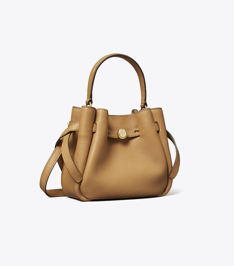 Tory Burch designer crossbody bags Mini Romy Bucket Bag in Tiramisu angle