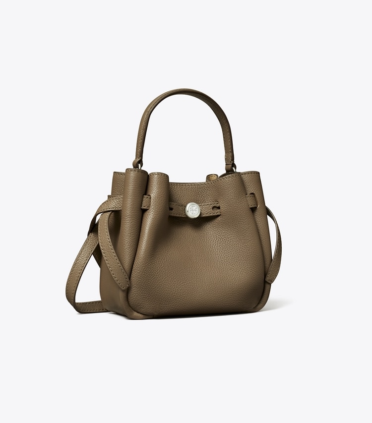 Tory Burch designer クロスボディバッグ ロミー ミニ バケットバッグ in Wild Mushroom angle