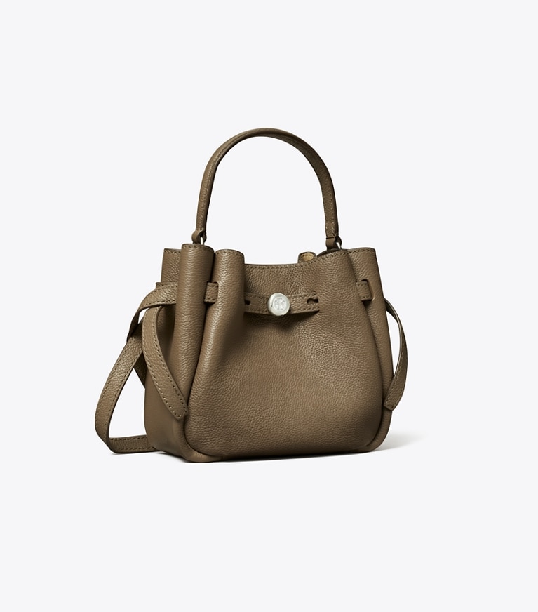 Tory Burch designer クロスボディバッグ ロミー ミニ バケットバッグ in Wild Mushroom angle