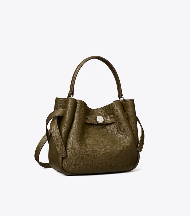 Tory Burch designer crossbody bags Mini Romy Bucket Bag in Dark Olive angle