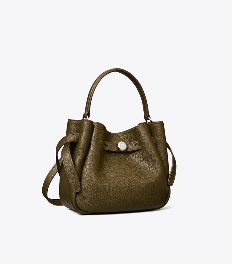 Tory Burch designer crossbody bags Mini Romy Bucket Bag in Dark Olive angle