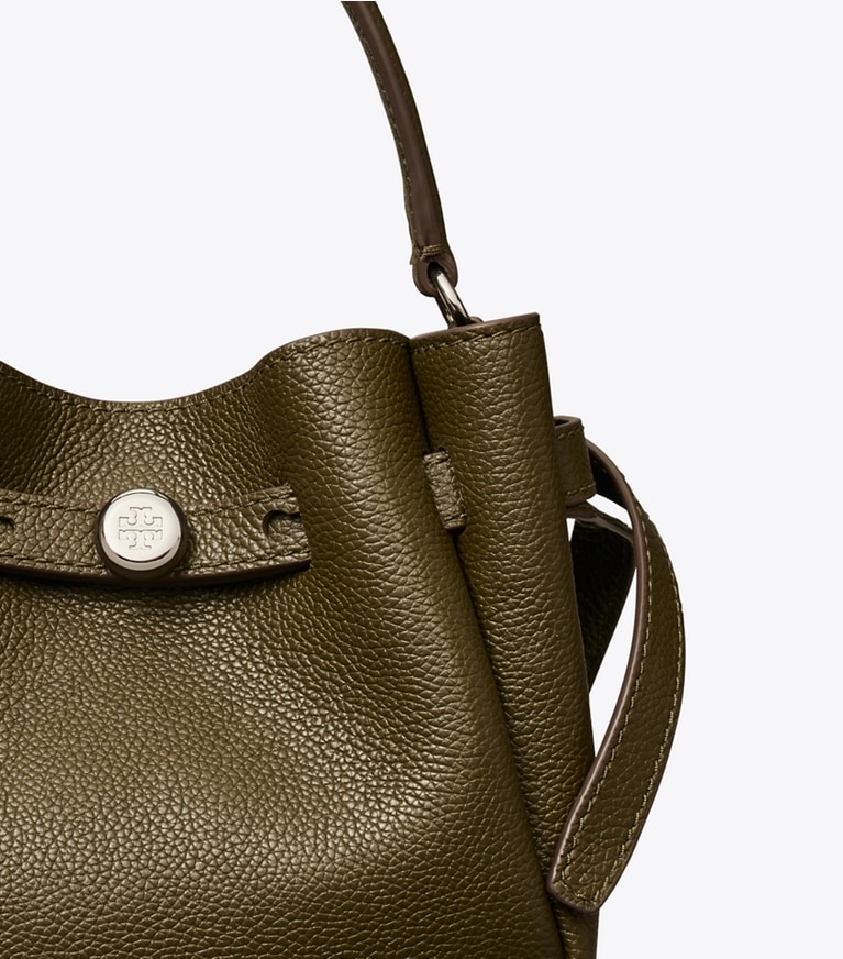 Tory Burch designer crossbody bags Mini Romy Bucket Bag in Dark Olive detail