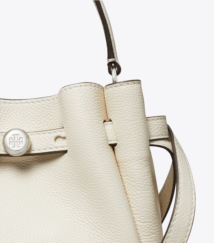 Tory Burch designer crossbody bags Mini Romy Bucket Bag in Light Cream detail