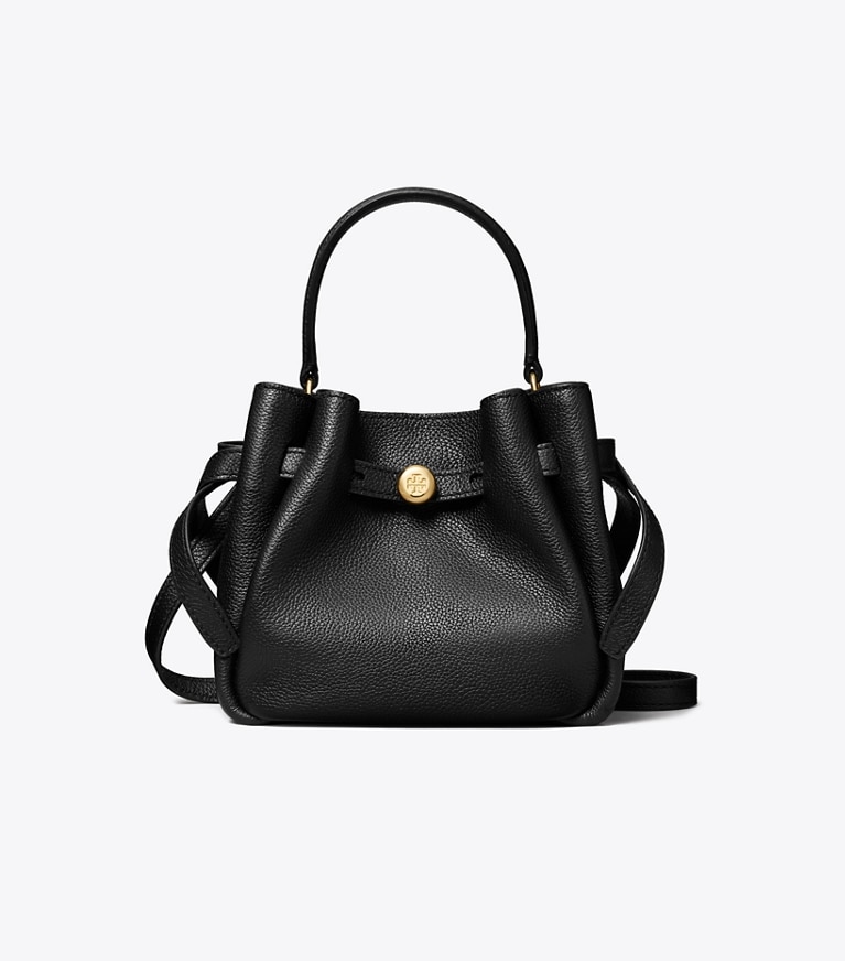 Tory Burch designer crossbody bags Mini Romy Bucket Bag in Black angle