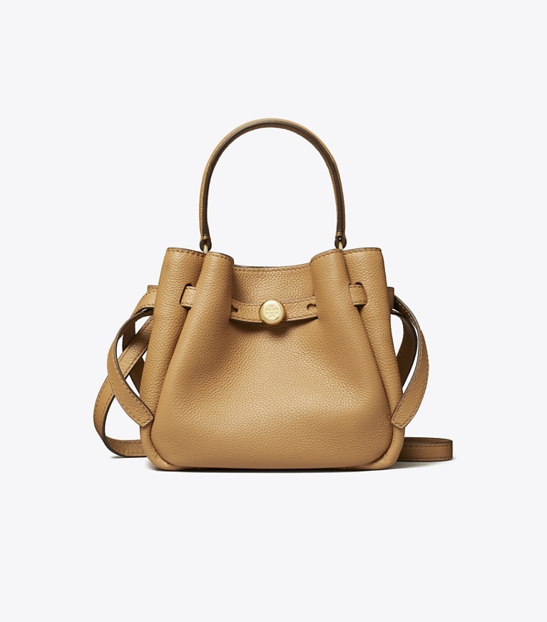 Tory Burch designer crossbody bags Mini Romy Bucket Bag in Tiramisu angle