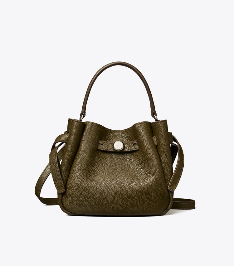 Tory Burch designer crossbody bags Mini Romy Bucket Bag in Dark Olive front