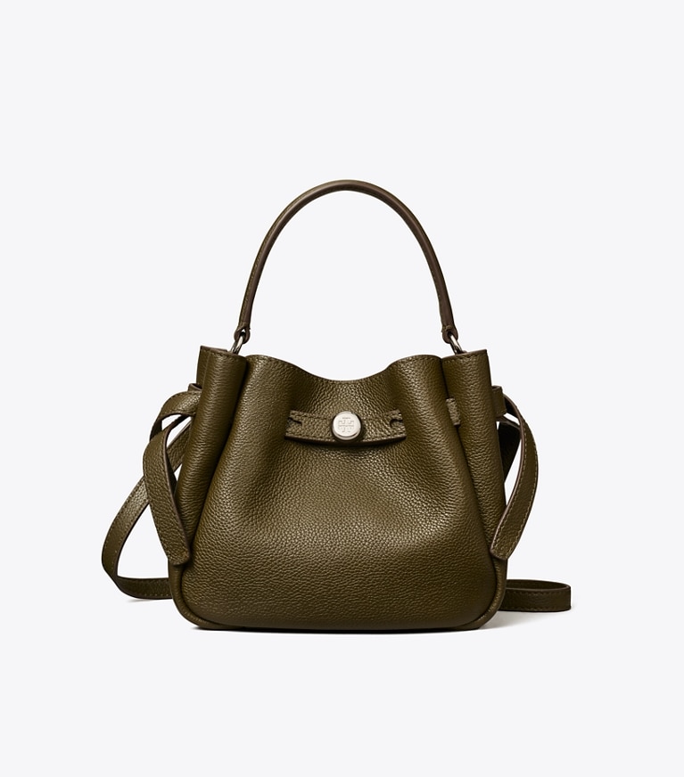Tory Burch designer crossbody bags Mini Romy Bucket Bag in Dark Olive front