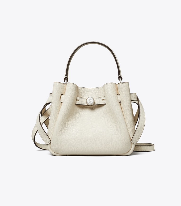 Tory Burch designer crossbody bags Mini Romy Bucket Bag in Light Cream front