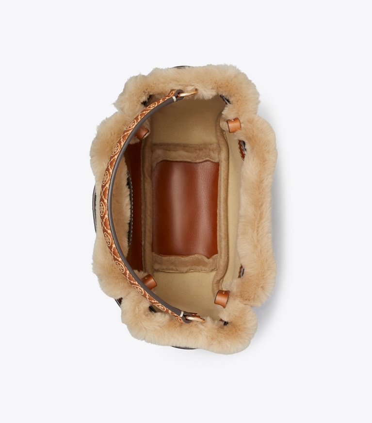 Tory Burch designer crossbody bags Mini Romy Shearling Bucket Bag in Teddy overhead