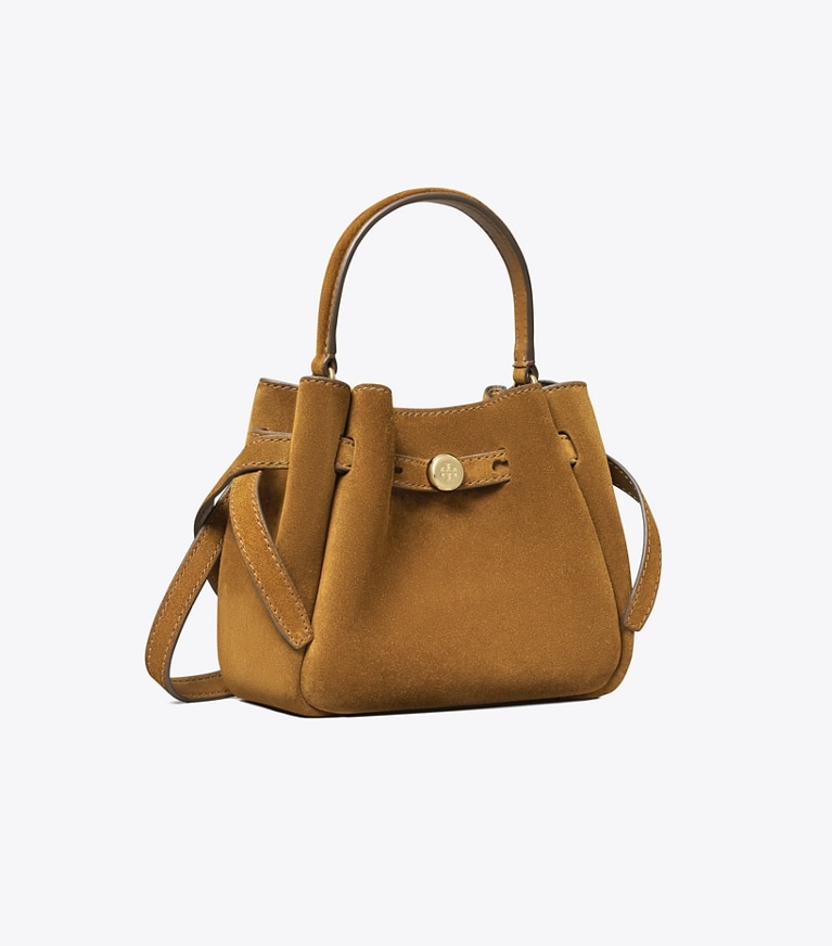Tory Burch designer crossbody bags Mini Romy Suede Bucket Bag in Caramel angle