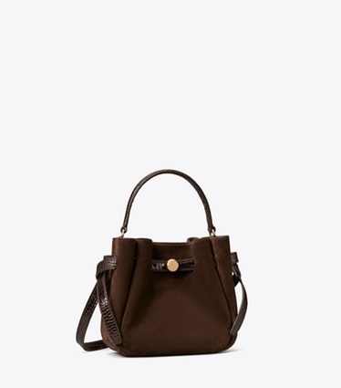 Tory Burch designer crossbody bags Mini Romy Suede Bucket Bag in Dark Cocoa angle
