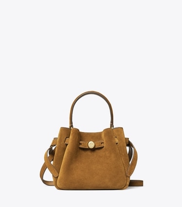 Tory Burch designer crossbody bags Mini Romy Suede Bucket Bag in Caramel front