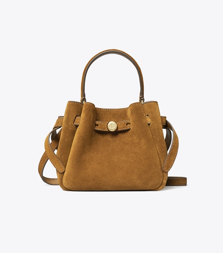 Tory Burch designer crossbody bags Mini Romy Suede Bucket Bag in Caramel angle