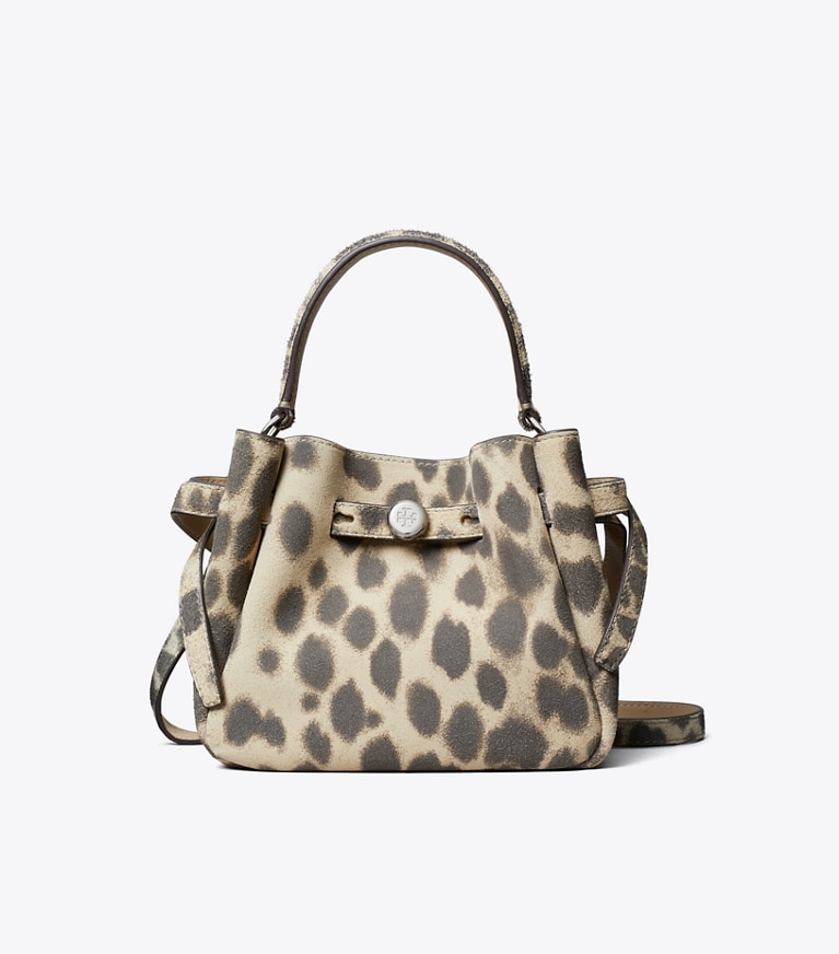 Tory Burch designer crossbody bags Mini Romy Suede Bucket Bag in Cheetah Spots front