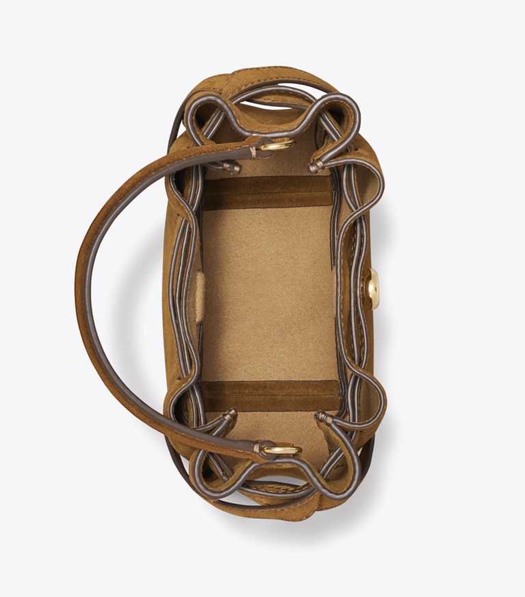 Tory Burch designer crossbody bags Mini Romy Suede Bucket Bag in Caramel angle