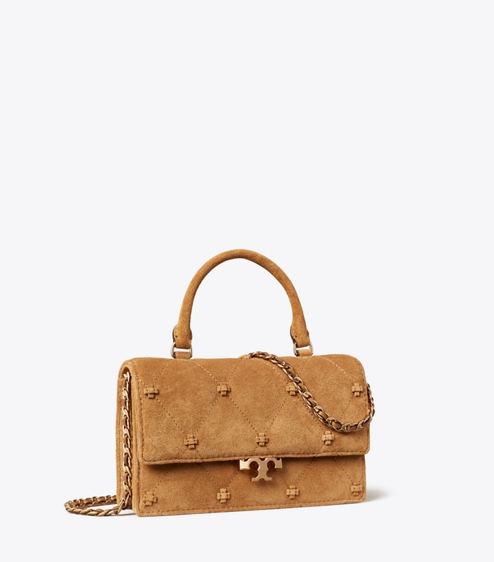 Tory Burch designer sacs à bandoulière Mini sac à anse en daim Bunny Knot in Toffee angle