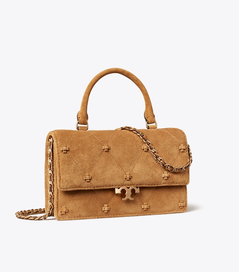 Tory Burch designer sacs à bandoulière Mini sac à anse en daim Bunny Knot in Toffee angle